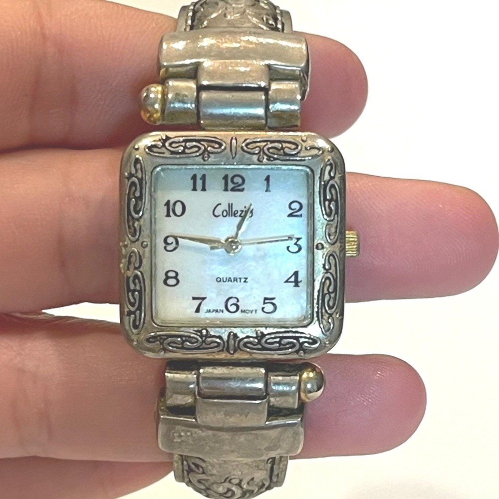 Collezio Silver Tone Filigree Cuff Watch Square Mother of Pearl Dial Untested